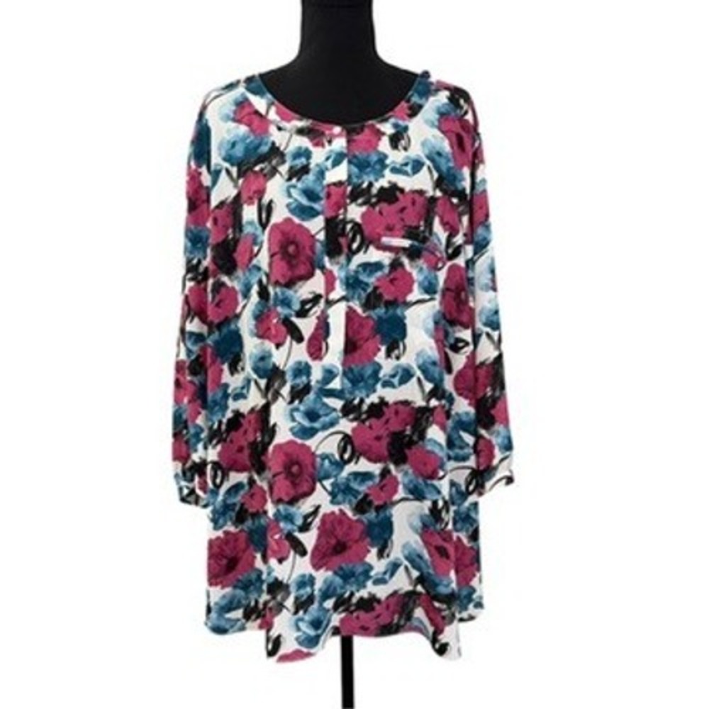 NYDJ Floral Tunic Top 3X Multicolor Long Sleeve Pleated Back Lightweight Blouse